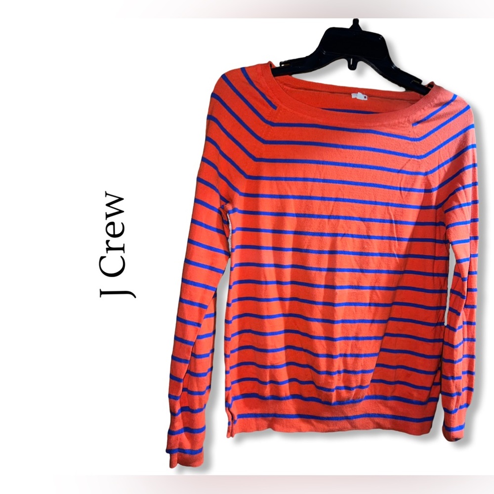 J Crew Striped Lightweight Cotton Sweater - Orange With Blue Stripes